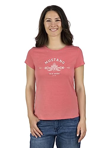 MUSTANG Damen T-Shirt Rundhals O-Neck Basic Slim Fit Kurzarm Logo Print Sommer Shirt 100% Baumwolle Weiß Blau Grün Rot S M L XL XXL, Größe:S, Farbe:Coral (1014031-8142) von MUSTANG