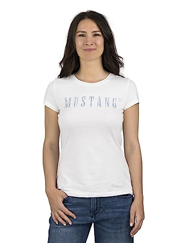 MUSTANG Damen T-Shirt Rundhals O-Neck Basic Slim Fit Kurzarm Logo Print Sommer Shirt 100% Baumwolle Weiß Blau Grün Rot S M L XL XXL, Größe:S, Farbe:Weiß (1014023-2045) von MUSTANG