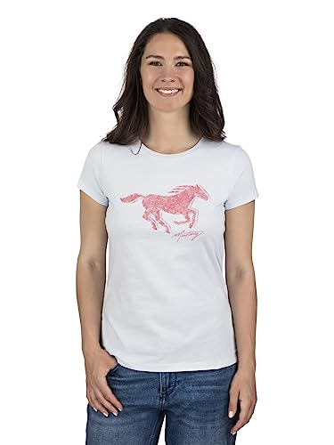 MUSTANG Damen T-Shirt Rundhals O-Neck Basic Slim Fit Kurzarm Logo Print Sommer Shirt 100% Baumwolle Weiß Blau Grün Rot S M L XL XXL, Größe:XL, Farbe:Hellblau (1014029-5022) von MUSTANG