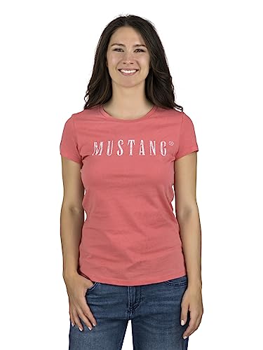 MUSTANG Damen T-Shirt Rundhals O-Neck Basic Slim Fit Kurzarm Logo Print Sommer Shirt 100% Baumwolle Weiß Blau Grün Rot S M L XL XXL, Größe:XXL, Farbe:Coral (1014023-8142) von MUSTANG