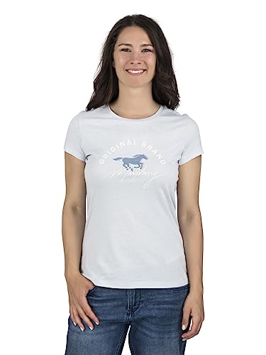 MUSTANG Damen T-Shirt Rundhals O-Neck Basic Slim Fit Kurzarm Logo Print Sommer Shirt 100% Baumwolle Weiß Blau Grün Rot S M L XL XXL, Größe:XXL, Farbe:Hellblau (1014028-5022) von MUSTANG