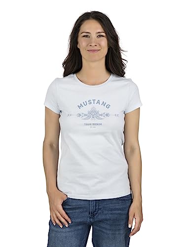 MUSTANG Damen T-Shirt Rundhals O-Neck Basic Slim Fit Kurzarm Logo Print Sommer Shirt 100% Baumwolle Weiß Blau Grün Rot S M L XL XXL, Größe:XXL, Farbe:Hellblau (1014031-5022) von MUSTANG