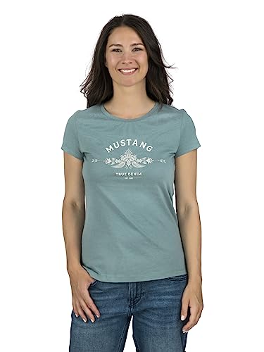 MUSTANG Damen T-Shirt Rundhals O-Neck Basic Slim Fit Kurzarm Logo Print Sommer Shirt 100% Baumwolle Weiß Blau Grün Rot S M L XL XXL, Größe:XXL, Farbe:Türkis (1014031-6236) von MUSTANG