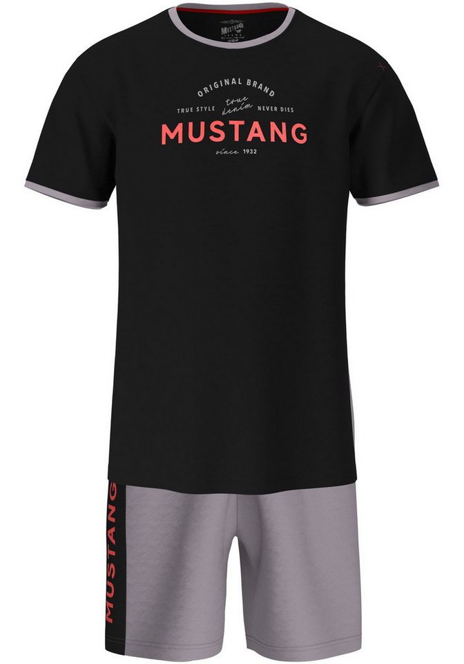 MUSTANG Schlafanzug BENT Short-Set T-Shirt Short kurze Hose Pyjama Schlafkombi Nachtwäsche (2 tlg) Oberteil schwarz, Short anthrazit von MUSTANG