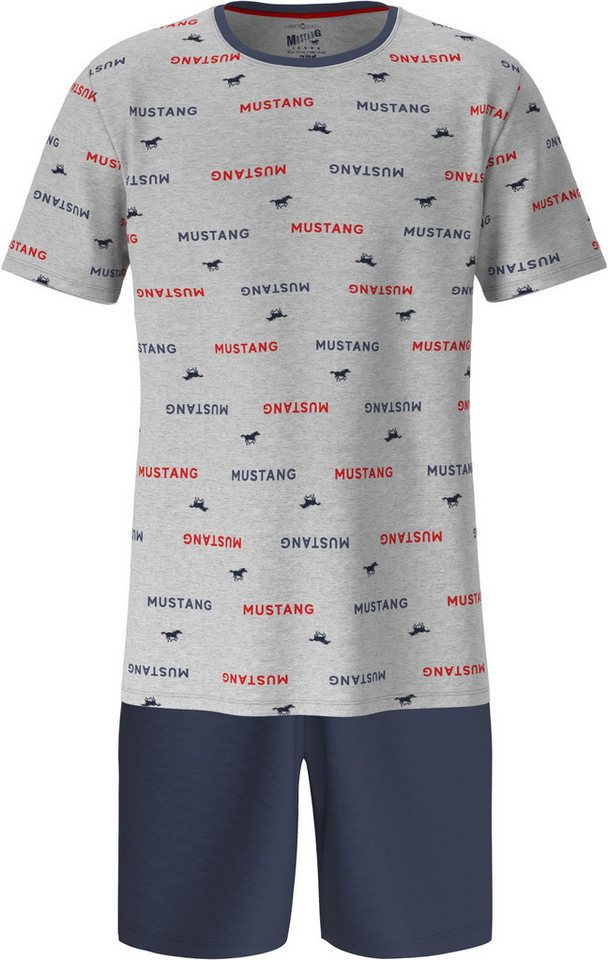 MUSTANG Schlafanzug ERIK Short-Set T-Shirt Short kurze Hose Pyjama Schlafkombi Nachtwäsche (2 tlg) Oberteil Alloverprint graumelange, Short navy von MUSTANG