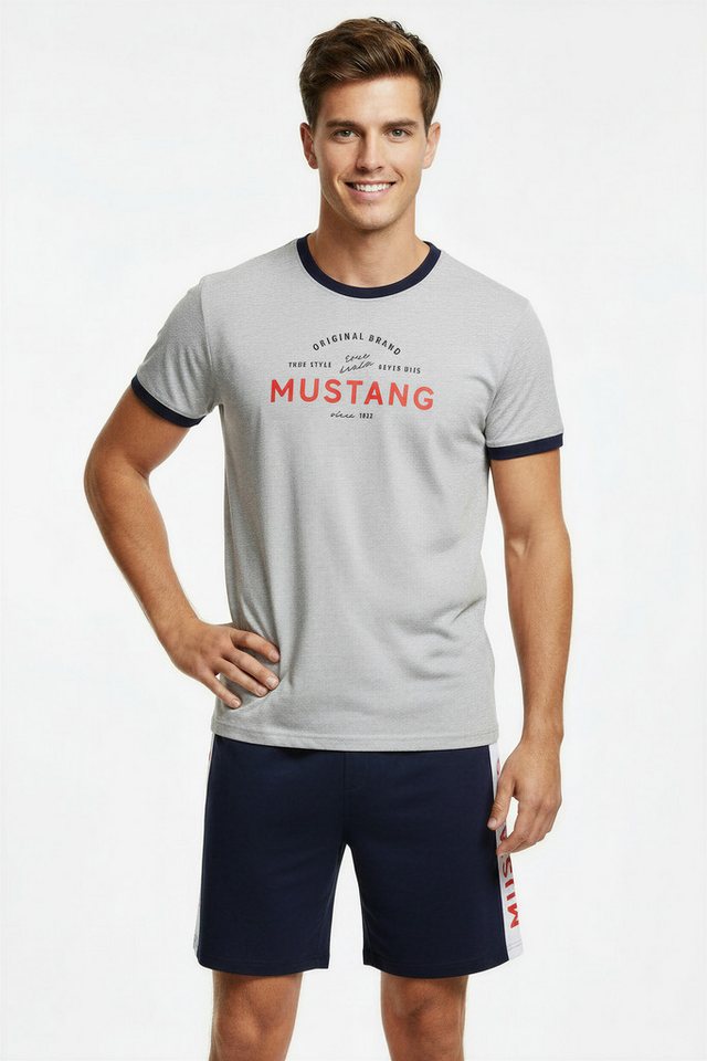 MUSTANG Schlafanzug MIKA Short-Set T-Shirt Short kurze Hose Pyjama Schlafkombi Nachtwäsche (2 tlg) Oberteil graumelange, Short navy von MUSTANG