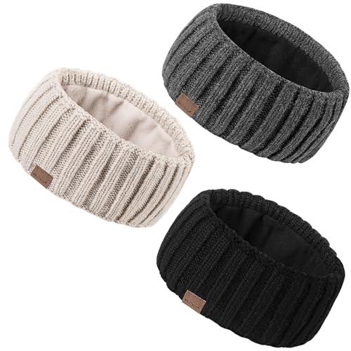 MUTKIS Winter-Stirnbänder für Damen, Ohrenwärmer für Damen, Stirnband, Wollstrick, dickes Fleece, gefüttert, warmes Wetter, schwarz, beige und dunkelgrau, 3 Stück von MUTKIS