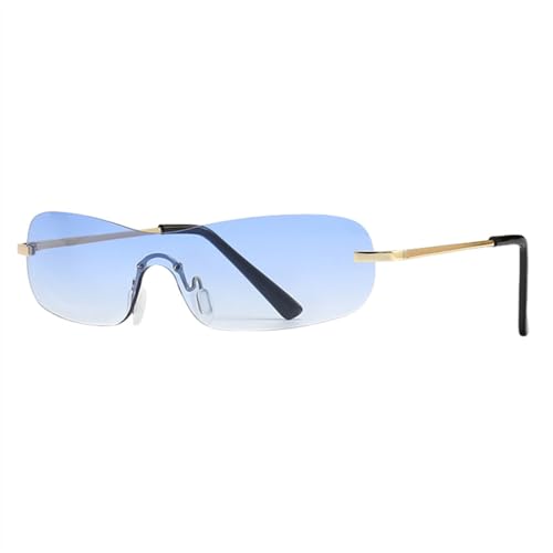 Gelb-blaue randlose Sonnenbrille für Männer, einteilige quadratische Sonnenbrille aus Metall für Frauen, UV400, rahmenlos, goldfarben, für Männer, Gold mit Blau, Einheitsgröße von MUTYNE