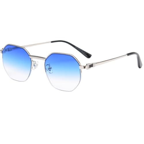 MUTYNE Blaue Polygon-Sonnenbrille für Damen, Halbrahmen-Metallbrille für Herren, achteckige männliche Farbverlaufslinse, Uv400, Silber mit Blau, Einheitsgröße von MUTYNE
