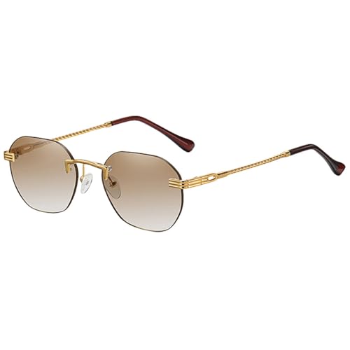 MUTYNE Braune rahmenlose Goldmetall-Damensonnenbrille, randlose Farbverlaufslinse, blaue modische Sonnenbrille für Herren, Uv400, Gold mit Braun, Einheitsgröße von MUTYNE