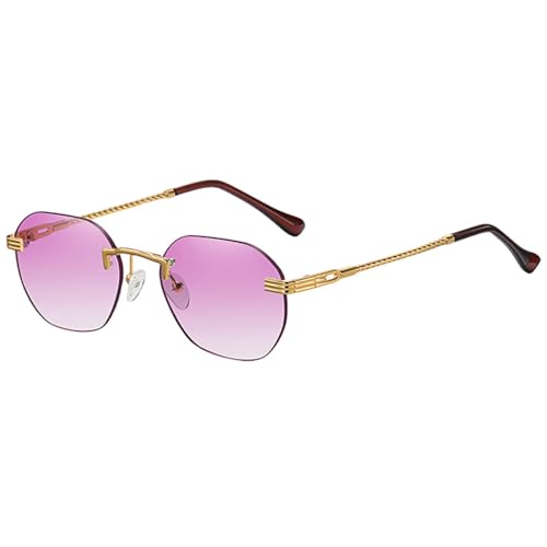 MUTYNE Braune rahmenlose Goldmetall-Damensonnenbrille, randlose Farbverlaufslinse, blaue modische Sonnenbrille für Herren, Uv400, Gold mit Lila, Einheitsgröße von MUTYNE