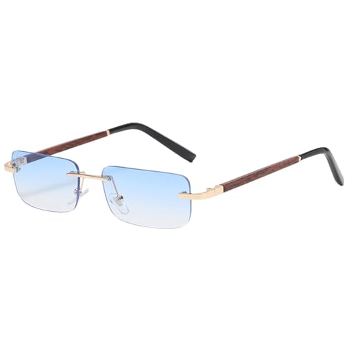 MUTYNE Getönte, randlose, rechteckige Sonnenbrille, Retro-Stil, Blau, Braun, Holzimitat, rahmenlose Damenbrille für Herren, Uv400, Gold mit Blau, Einheitsgröße von MUTYNE