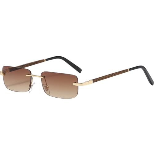 MUTYNE Getönte randlose rechteckige Sonnenbrille Retro-Blau-Braun-Holzimitationsrahmen Rahmenlose Damenbrille für Herren Uv400, Gold mit Braun, Einheitsgröße von MUTYNE