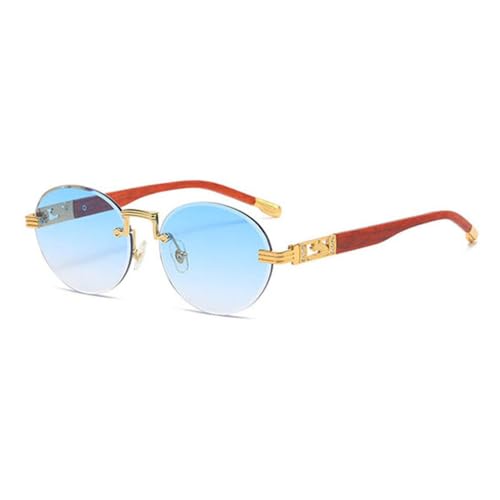 MUTYNE Kleine, runde, randlose Sonnenbrille mit Metallrahmen für Herren, rahmenlose Vintage-Sonnenbrille aus Kristallglas für Damen zum Autofahren, C07, Blau, Gold von MUTYNE
