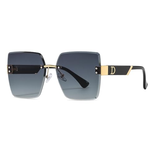 MUTYNE Luxuriöse, übergroße, randlose, quadratische Sonnenbrille für Damen, Vintage-Mode, Nietenschneidlinse, trendige Sonnenbrille, UV400, Grau, Einheitsgröße von MUTYNE
