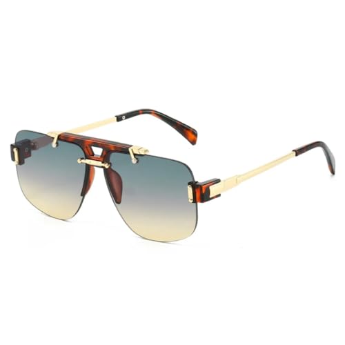 MUTYNE Quadratische randlose Sonnenbrille für Damen, modisch, klare Ozean-Farbverlaufsgläser, UV400, Retro-Nieten, Herren-Sonnenbrille (Leopardengrüntee) von MUTYNE