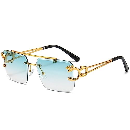 MUTYNE Vintage quadratische randlose Sonnenbrille für Damen, rahmenlose Sonnenbrille für Herren, Leopardenbrille, Farbverlaufsgrün, Einheitsgröße von MUTYNE