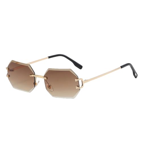 Modische Sonnenbrille für Damen, randlos, achteckig, UV400, rahmenlos, goldenes Metall, rechteckige Brille für Männer, Gold mit Braun, Einheitsgröße von MUTYNE
