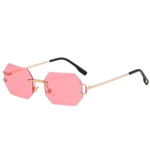 Modische Sonnenbrille für Damen, randlos, achteckig, UV400, rahmenlos, goldenes Metall, rechteckige Brille für Männer, Gold mit Pink, Einheitsgröße von MUTYNE