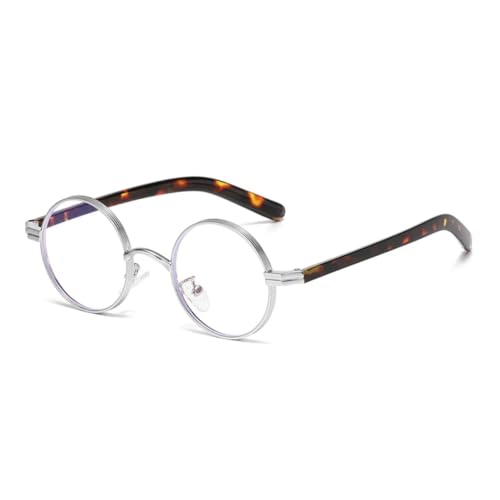 Retro Kleine Runde Metall Punk Damen Herren Sonnenbrillen Shades UV400 Klare Gläser Rahmen (Silber Leopard Klar) von MUTYNE