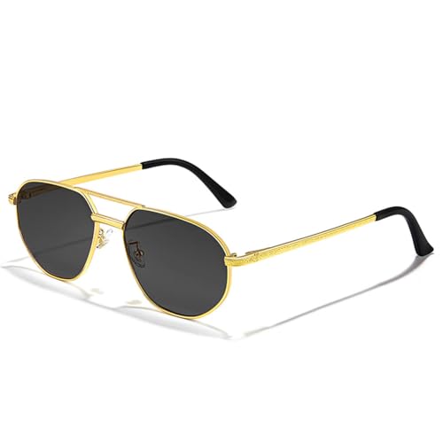Retro-Piloten-Sonnenbrille für Herren und Damen, Polygon-Sonnenbrille aus Metall, Blau, Doppelsteg, UV400, C01 Gold Schwarz, Einheitsgröße von MUTYNE