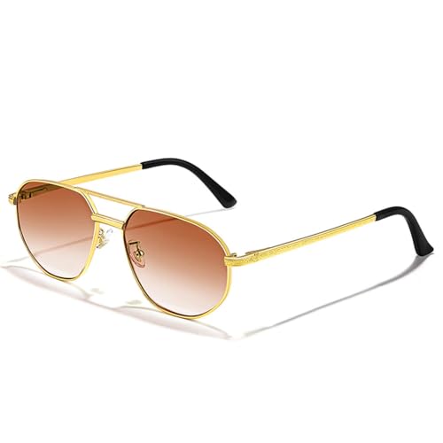 Retro-Piloten-Sonnenbrille für Herren und Damen, Polygon-Sonnenbrille aus Metall, Blau, Doppelsteg, UV400, C02 Gold Tea, Einheitsgröße von MUTYNE