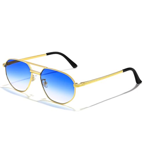 Retro-Piloten-Sonnenbrille für Herren und Damen, Polygon-Sonnenbrille aus Metall, blaue Doppelbrücke, UV400, C04 Gold Ocean Blue, Einheitsgröße von MUTYNE