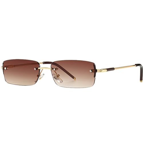 Schmale rechteckige Sonnenbrille für Herren, randlos, Metall, kleine Retro-Sonnenbrille für Herren, UV400, Gold, Blau, Grün, Gold mit Braun, Einheitsgröße von MUTYNE