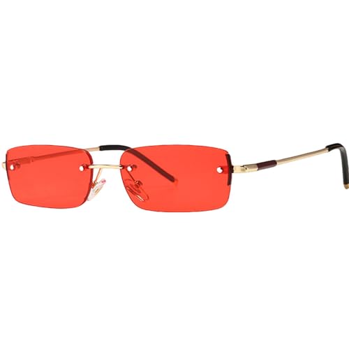 Schmale rechteckige Sonnenbrille für Herren, randlos, Metall, kleine Retro-Sonnenbrille für Herren, UV400, Gold, Blau, Grün, Gold mit Rot, Einheitsgröße von MUTYNE