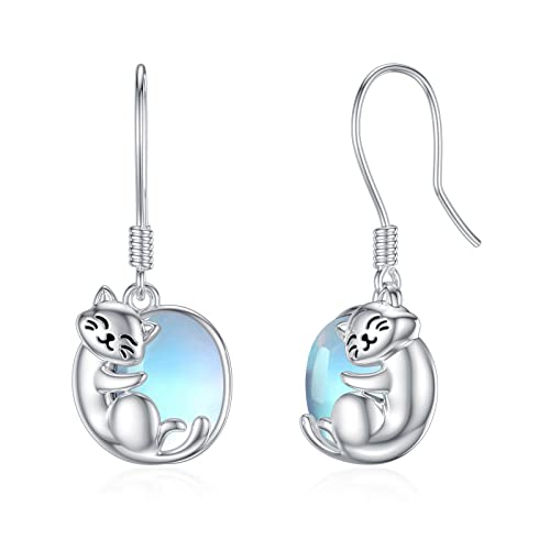 Katzen Ohrhänger mit Mondstein für Damen 925 Sterling Silber Hypoallergen Zierliche Mondstein Ohrringe Katzengeschenke für Katzenliebhaber Mutter Tochter Freundin Ehefrau Teenager Mädchen von MUUYON