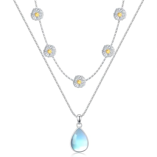 MUUYON Daisy-Layered-Halskette 925er Sterlingsilber künstlicher Mondstein Gänseblümchen-Blumenanhänger für Damen von MUUYON