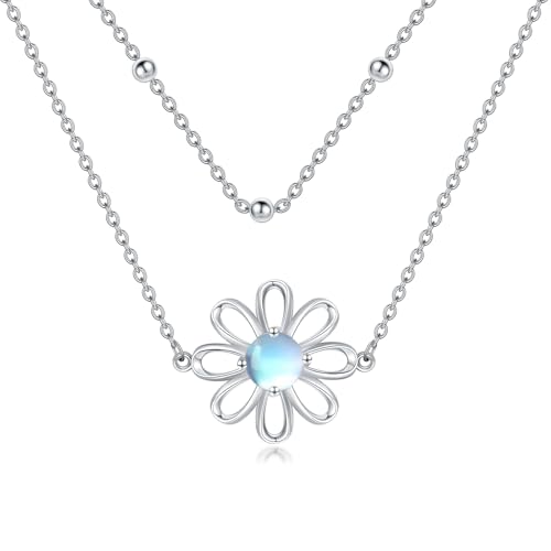 MUUYON Daisy Layered Halskette für Damen Sterling Silber Mondstein Daisy Stacked Layered Choker Halskette Mondstein Schmuck Geschenke für Freundin von MUUYON