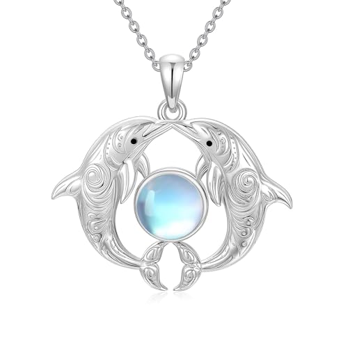 MUUYON Delfin-Halskette 925er Sterlingsilber Mondstein Doppel-Delfin-Anhänger Ozean- und Meerestier-Schmuck Geschenke für Frauen von MUUYON