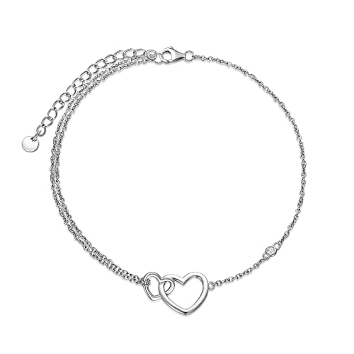 MUUYON Fußkettchen für Damen 925 Sterling Silber Herz Anklet Strand Fußkettchen Doppelschichtig mit Zirkon Verstellbarer Boho Geschenk für Frauen Mädchen von MUUYON