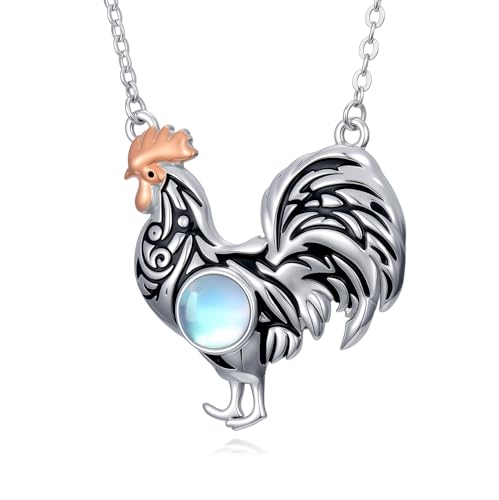 MUUYON Hühnerkette 925er Sterlingsilber Mondstein-Hahn-Anhänger Tierschmuck Geschenke für Frauen von MUUYON