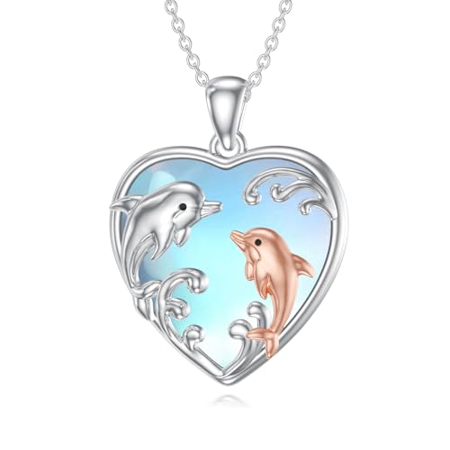 MUUYON Mondstein Delfin Halskette für Damen 925er Sterlingsilber Herz Delfin Anhänger Hawaiianischer Ozean Mondstein Schmuck Geschenke für die Tochter von MUUYON