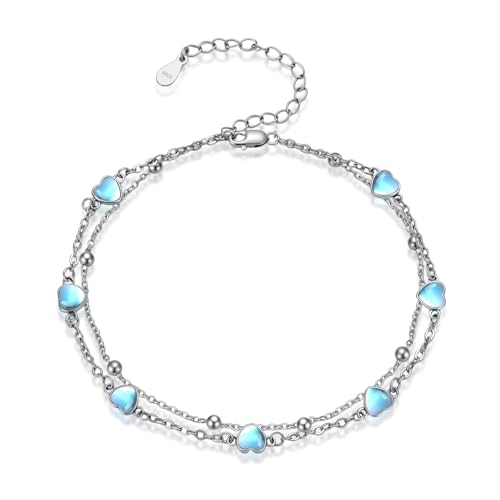 MUUYON Mondstein-Fußkettchen 925er Sterlingsilber 5 mm herzförmiger Mondstein verstellbares mehrlagiges Fußarmband Schmuck Geschenke für Frauen von MUUYON