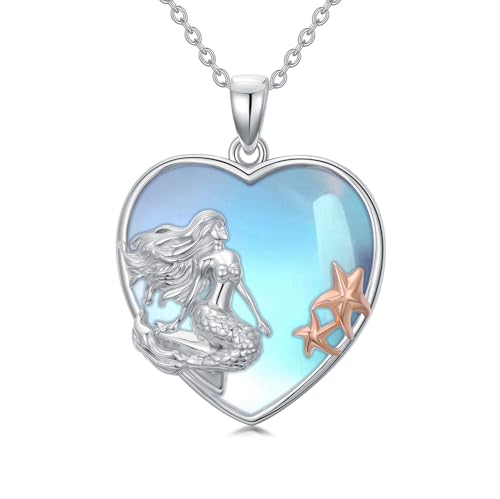 MUUYON Mondstein Meerjungfrau Halskette für Frauen 925er Sterlingsilber Meerjungfrau Herz Anhänger Mondstein Ozean Schmuck Geschenke für die Tochter von MUUYON