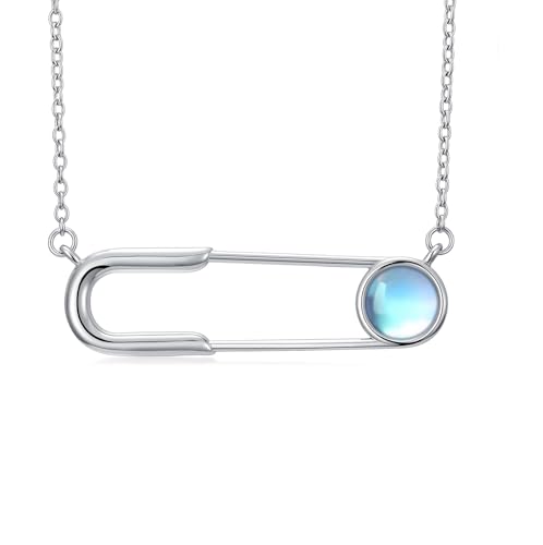MUUYON Mondstein Sicherheitsnadel Halskette Damen 925 Sterling Silber Schmuck mit Anhänger, Silberkette 45cm + 5cm, Geschenk für Frauen von MUUYON