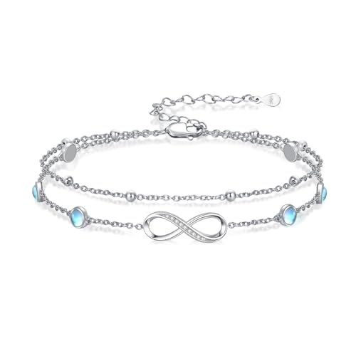 MUUYON Mondstein-Unendlichkeits-Fußkettchen 925er Sterlingsilber 4 mm rund Mondstein Unendlichkeitssymbol mehrlagiges Fußarmband Schmuck Geschenke für Frauen von MUUYON