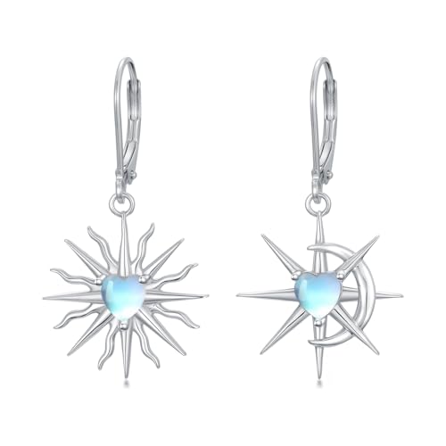 MUUYON Sonne-Mond-Stern-Ohrringe 925er Sterlingsilber Mondstein himmlische Sonne Stern Halbmond baumelnde Tropfenohrringe Schmuck für Frauen von MUUYON
