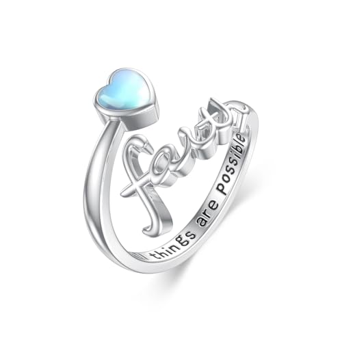 Mondstein Glaubensring für Frauen 925er Sterlingsilber religiöser Glaube offener Ring verstellbarer Mondstein Schmuck Geschenke für Mutter und Frau (8) von MUUYON
