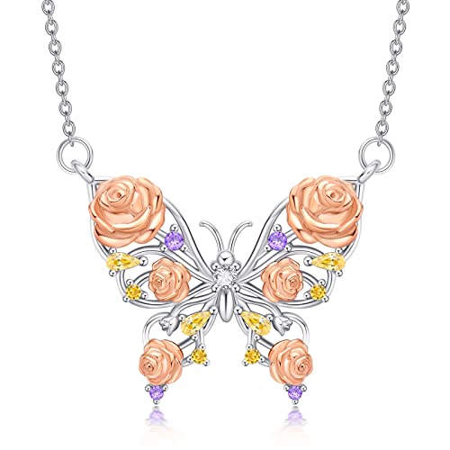 MUUYON Rose Silber Schmetterlinge Anhänger Sterling Silber Schmetterling Kristall Kette mit Schmetterling Schmuck Kette Schmetterling Anhänger für Frauen Mädchen (Rose Schmetterlinge) von MUUYON