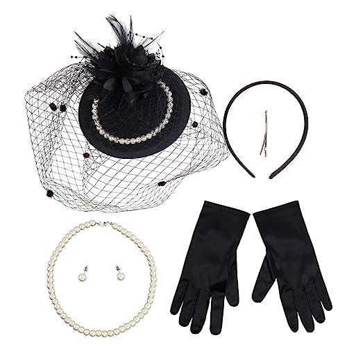 MUUYYI 1 Set Damen-Haarreifen aus Netzstoff mit Schleier und Hut mit Perlenohrringen, Halskette und Handschuhen, Cosplay, Abschlussball, Partyzubehör für Damen von MUUYYI