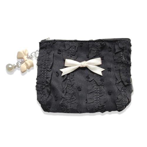 1 Stück Mini Geldbeutel Täschchen, Tasche mit Spitzenschleife, Klein Mini Canvas Geldbörse mit Reißverschluss, Niedliche Leinwand Brieftasche, Schminktasche Münztaschen (Schwarz) von MUVONZI
