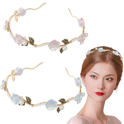 2 PCS Haarreif aus Blau Rosen und Rosa Rosen Perlen, Braut Stirnband, Hochzeit Haarband Kunstperle Strass Haarkrone Kristallperle Braut Tiara Haarbänder Elegante Accessoires von MUVONZI