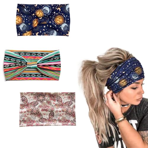 3 Stück Bedrucktes Kopftuch, Haarband Stirnband Damen Extra Breit Haarbänder Elastische Haarreifen Yoga Sport Haarschmuck Damen von MUVONZI