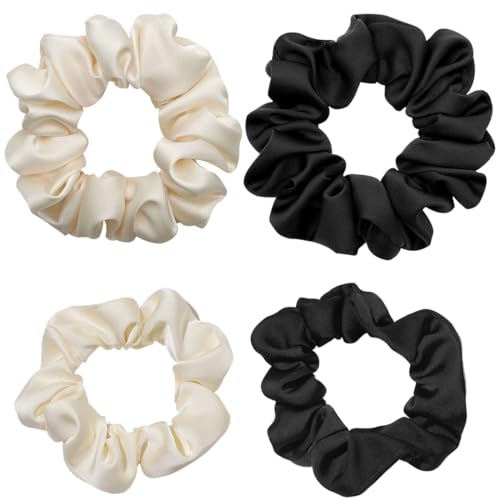 4 Stück Haargummis aus Seide, 2 große Haargummis für Damen und 2 kleine elastische Haargummis aus Haargummis, Set aus Satinstoff für Frauen Mädchen (schwarz und weiß) von MUVONZI