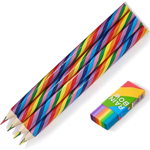 4 Stück Regenbogenstift, Regenbogen Buntstifte, Schicken Sie ein Stück Radiergummi, Buntstifte Kinder,Dreikant Farbstifte Set für Kinder Zeichnung Pencil, Schule Büro Haushaltswaren von MUVONZI