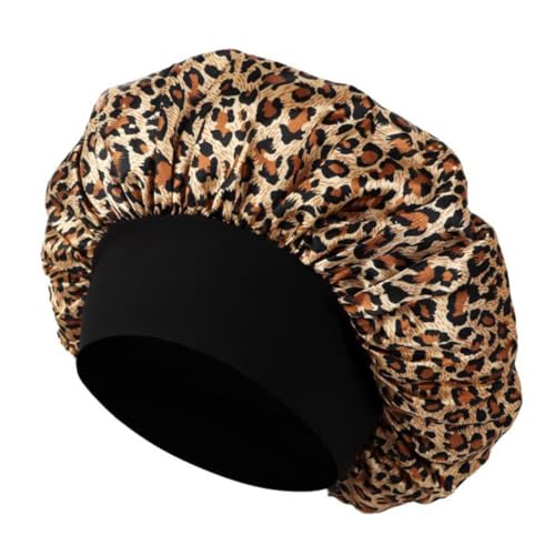 Satin Schlafhaube, Leopardenmuster Seidenhaube Verstellbar Haarhaube Seide, Nacht Schlafhaube Damen Mädchen Atmungsaktive Schlafkappe Duschhauben von MUVONZI